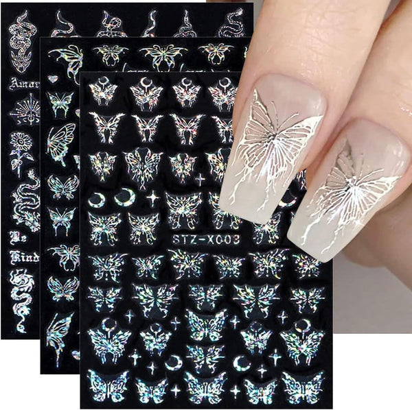 6 Blatt Schmetterling Nagelsticker Selbstklebend Laser Silber Schmetterlings Nagelaufkleber 3D Aurora Silber Schwarz Schmetterlinge Nagel Stickers Frühling Nageldesign Nail Sticker Nail Art Zubehör