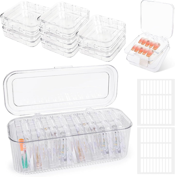 Set de cutii pentru depozitarea unghiilor INMORVEN – 14 cutii transparente pentru unghii + 1 cutie mare și 60 de discuri adezive – Ideal pentru depozitarea unghiilor false, accesoriilor pentru unghii cu gel și ojei (14 bucăți într-un singur strat)