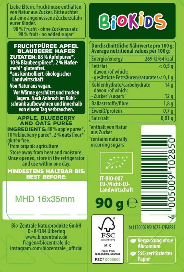 Biozentrale Biokids Piure de fructe mere afine ovăz | 12X90G | Gustare vegană cu fructe și ovăz | Fara adaos de zahar granulat Mama si Copilul Naty Shop