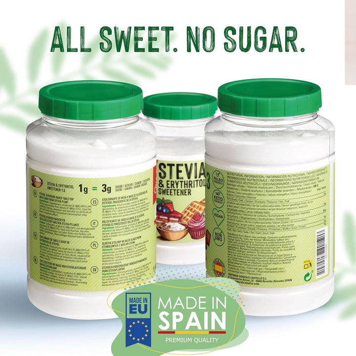 Stevia + Erythrit 1:3 Süßstoff | 1G = 3G Zucker | 100% Natürlicher Zuckerersatz - 0 Kalorien - 0 Glykämischer Index - Keto Und Paleo - 0 Netto-Kohlenhydrate - Kein GVO - Castello since 1907-1 Kg Indulcitori Naty Shop