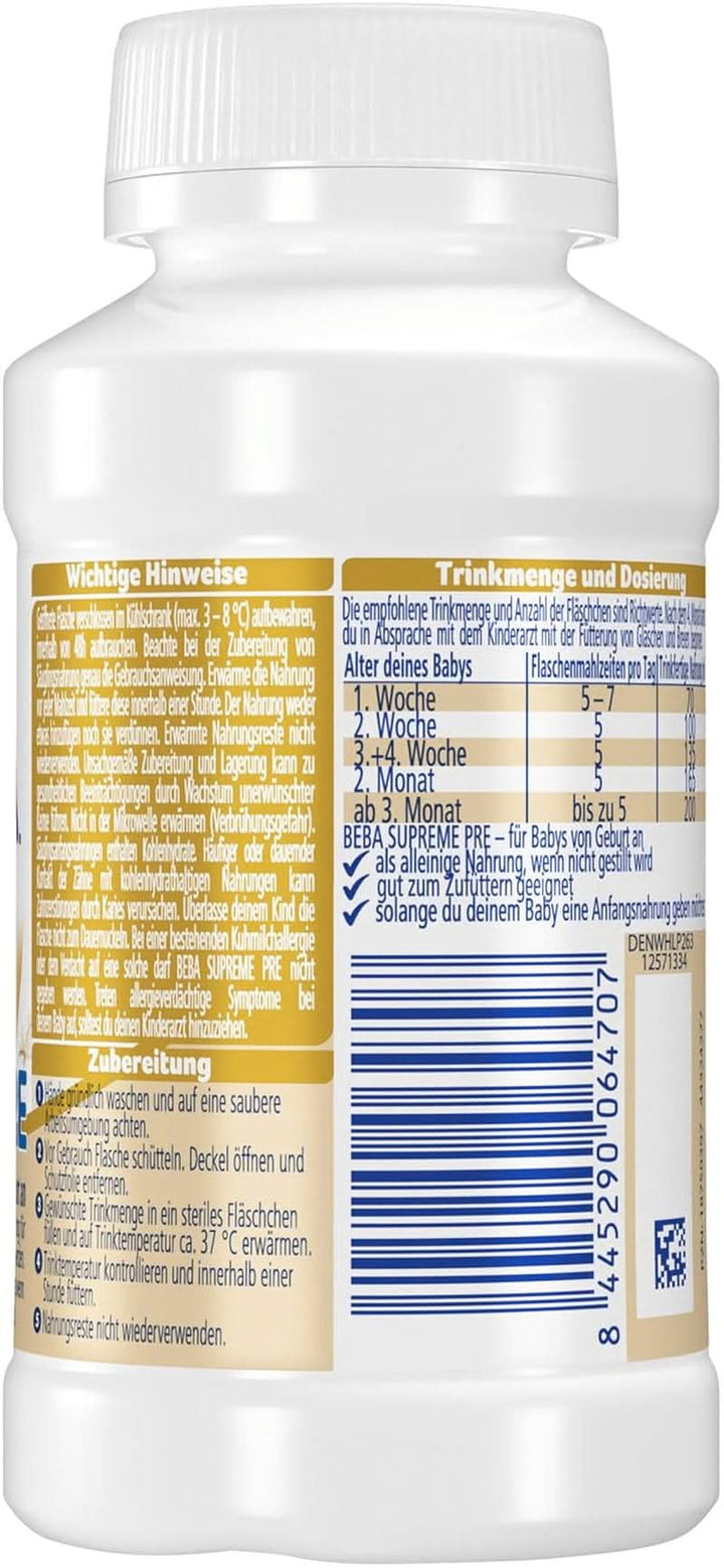 BEBA SUPREME PRE Lapte inițial gata de băut de la naștere, hrană pentru bebeluși cu DHA, doar lactoză, fără ulei de palmier, pachet de 8 (8 x 200 ml) Mama si Copilul Naty Shop