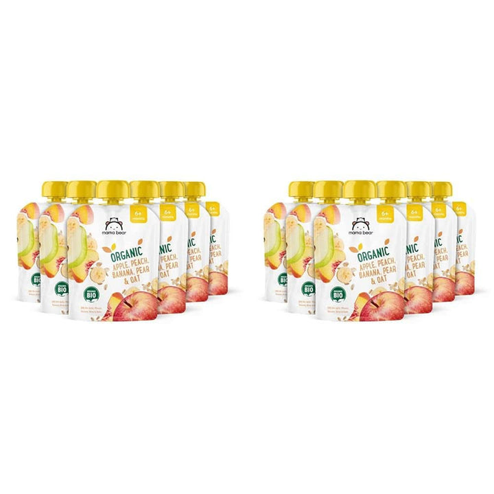 Mama Bear, piure organic diferite fructe, set 6 x 90 grame Mama si Copilul Naty Shop 12 x 90 grame Mere, piersici, banane, pere și fulgi de ovăz