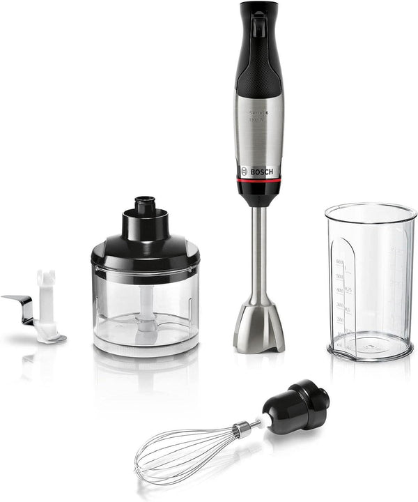 Bosch Stabmixer Ergomaster Serie 6 MSM6M623, 10 Jahre Motorgarantie, Edelstahl-Klingen, Verschleiãÿfreie Keramik-Kupplung, Luftkühlung, Zerkleinerer, Kartoffelstampfer, Schneebesen, 1000 W, Edelstahl Bucatarie Naty Shop 4-In-1, Ergomaster Serie 6