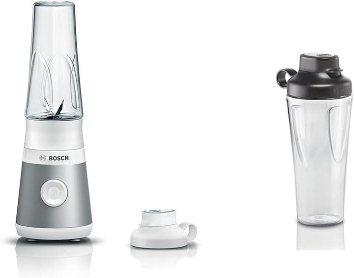 Bosch Mini-Standmixer Vitapower Serie 2 MMB2111S, Highspeed-Mixer, Bis Zu 40.000 Rpm, Tritan Togo-Flasche 0,6 L, Trinkdeckel, Bruchsicher,Spülmasch.Geeignete Teile, 450W, Silber/Schwarz Bucatarie Naty Shop Bundle Mit Togo-Flasche Silber / Weiß