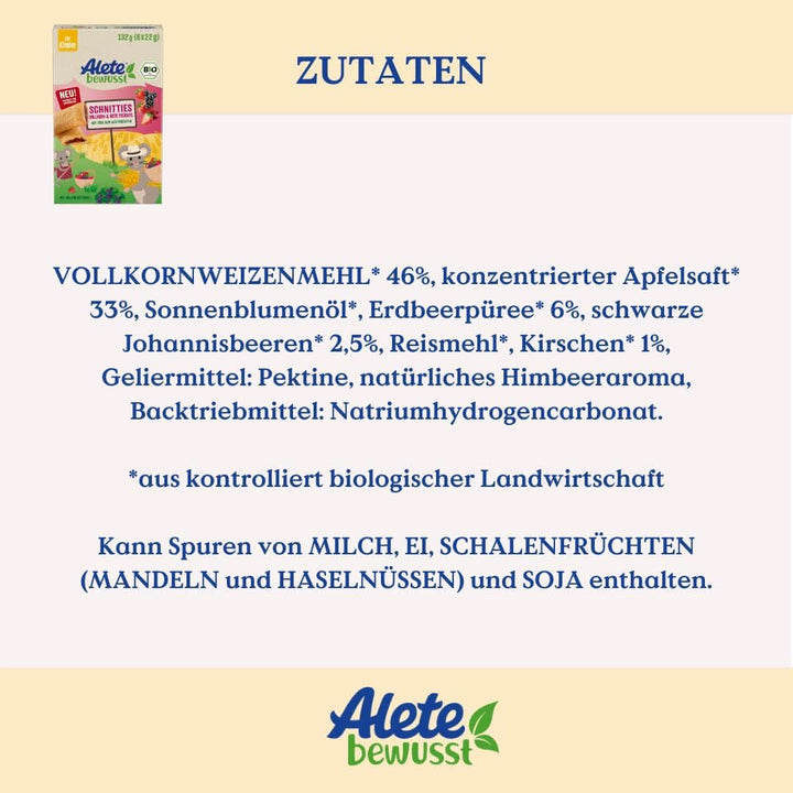 Alete Bio Schnitties, cereale integrale și fructe roșii 6 x 22 g Mama si Copilul Naty Shop