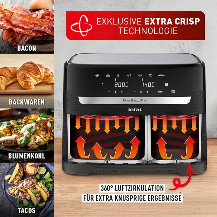 Tefal Dual Easy Fry Hot Air Fryer cu două camere, capacitate de 5,2/3,1 litri, două sertare independente, 7 programe Electrocasnice Naty Shop