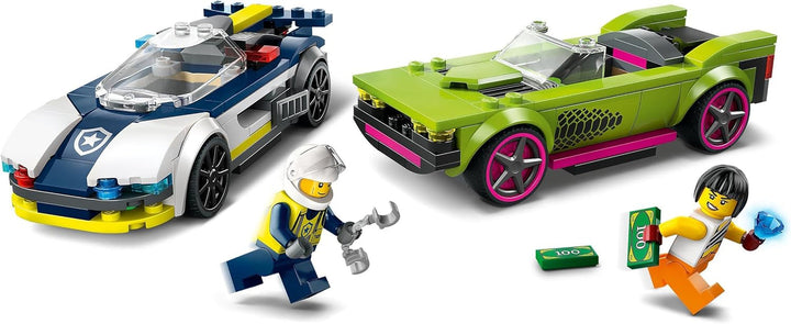 LEGO City Car Chase cu mașină de poliție și mașină cu mușchi, tren de jucărie cu 2 mașini de curse, cadou de poliție pentru copii, băieți și fete de la 6 ani, set cu polițist și minifigurine Ganovin 60415 Seturi de constructie Besuche den LEGO-Store
