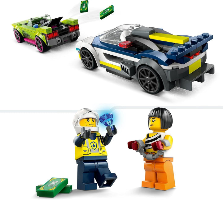LEGO City Car Chase cu mașină de poliție și mașină cu mușchi, tren de jucărie cu 2 mașini de curse, cadou de poliție pentru copii, băieți și fete de la 6 ani, set cu polițist și minifigurine Ganovin 60415 Seturi de constructie Besuche den LEGO-Store