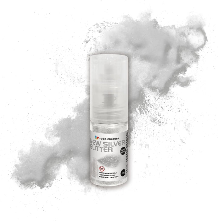 Essbares Glitzer Spray NEW SILVER 5G Lebensmittelfarbe in Einer Pumpe Lebensmittelfarbpulver Mit Metalleffekt Glitter-Farbstoff Dekoration Für Kuchen Cremes Zuckermassen Torten Getränke Coloranti Alimentari Naty Shop Light Silver