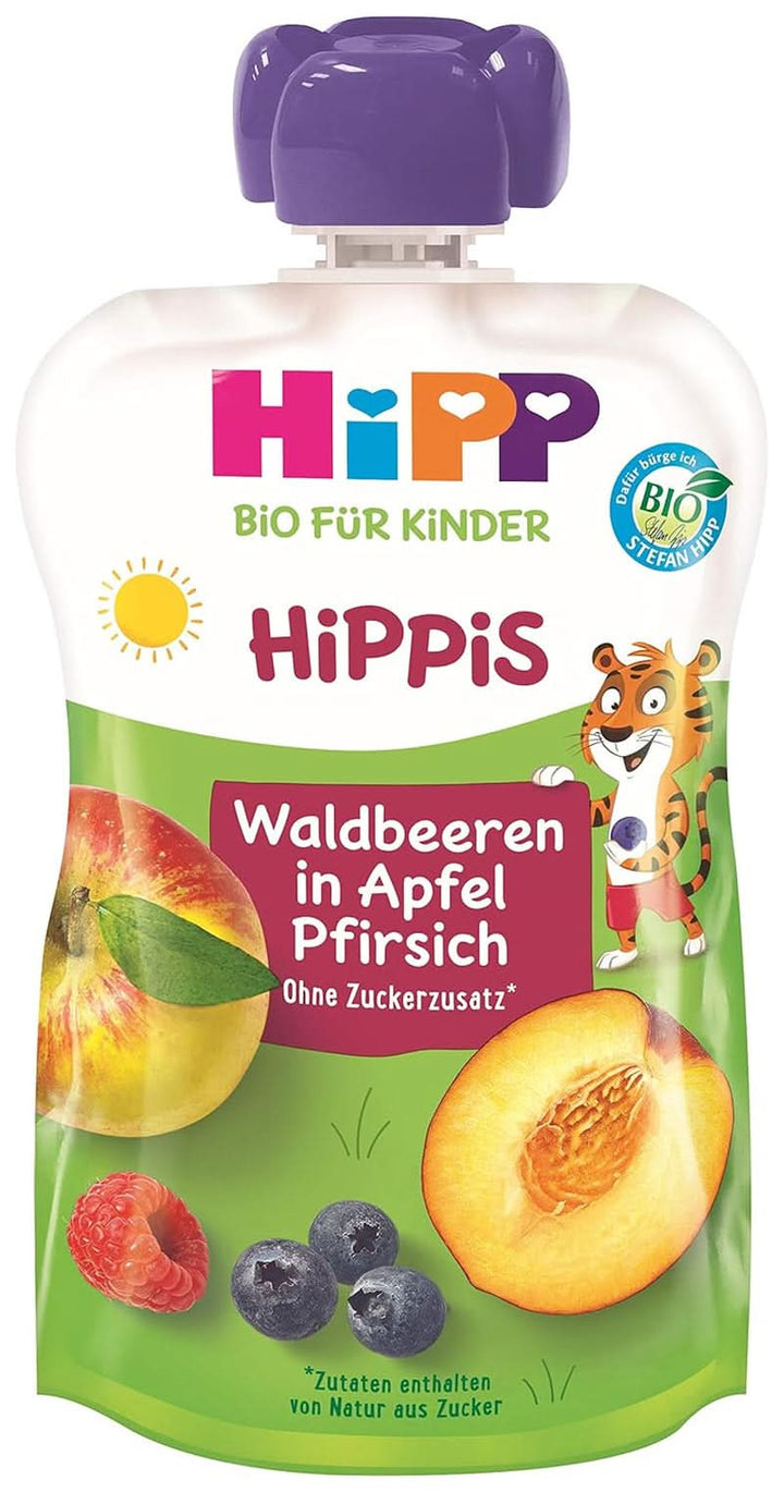 Pungi de stoarcere Hipp Super-Hippis, acerola de rodie in mere-zmeura, fructe 100% bio fara zahar adaugat, 6 pungi de 100 g Mama si Copilul Naty Shop 6 x 100 grame Fructe sălbatice, măr-piersică