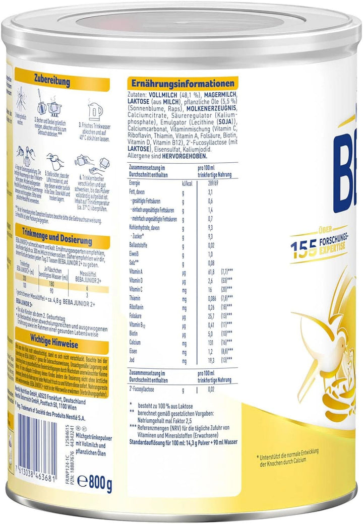 Nestle BEBA Junior 2+, de la a 2-a aniversare, mâncare pentru copii cu HMO 2'-FL, numai lactoză, fără ulei de palmier, pachet 3 (3 x 800 g) Mama si Copilul Naty Shop