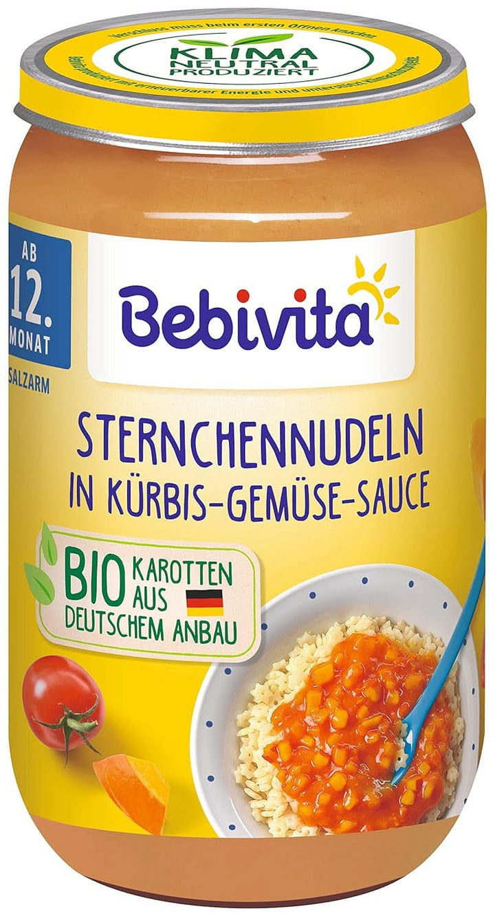 Meniuri din luna a 12-a, pachete de 6 (6 x 250g) Mama si Copilul Naty Shop 6 x 250 grame Paste stea în piure de legume cu dovleac