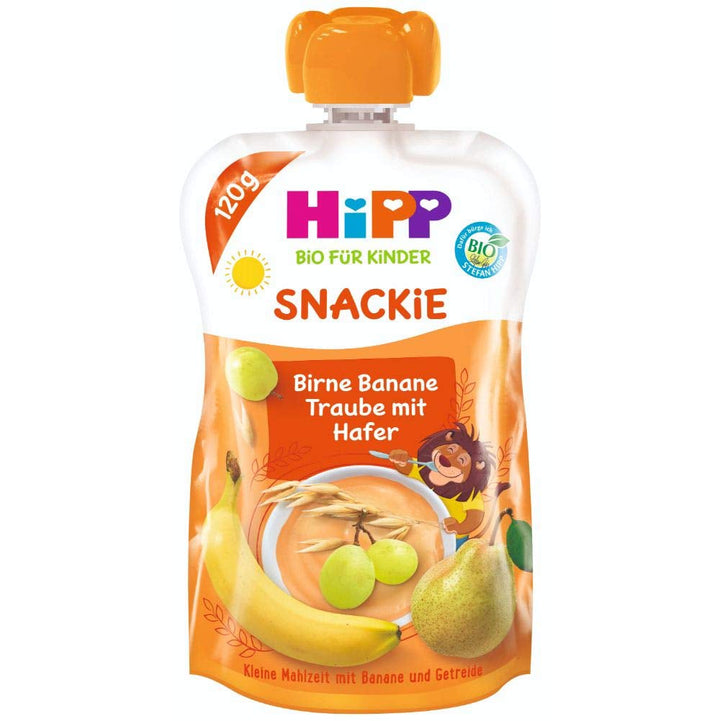 Pungi de stoarcere Hipp, 100% fructe organice fără zahăr adăugat, 6 X 120 grame Mama si Copilul Naty Shop 6 x 120 grame Pere struguri si ovaz