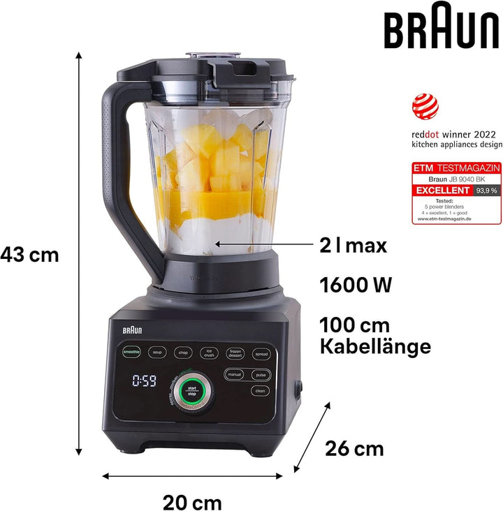 Braun Hochleistungsmixer Powerblend 9 JB9040 – Standmixer Mit Glas-Mixkrug, 18 Mixprogramme, 10 Geschwindigkeiten + Pulsfunktion, Heiße Suppen Funktion, Reinigungsprogramm, Stampfer, 1600 W, Schwarz Bucatarie Naty Shop
