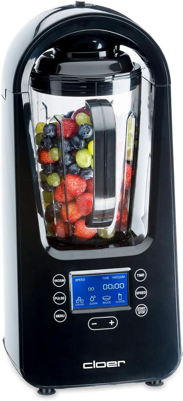 Cloer 6980 Vakuum Standmixer / 800 Watt / 21.000 U/Min. / Inkl. Vorratsbehälter/Vakuumventil/Automatikprogramme/Eis-Crush-Funktion/Reinigungsfunktion/Schwarz, 1500 Milliliters Bucatarie Naty Shop
