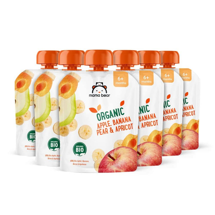 Mama Bear, piure organic diferite fructe, set 6 x 90 grame Mama si Copilul Naty Shop 6 x 90 grame Mere, pere, banane și caise