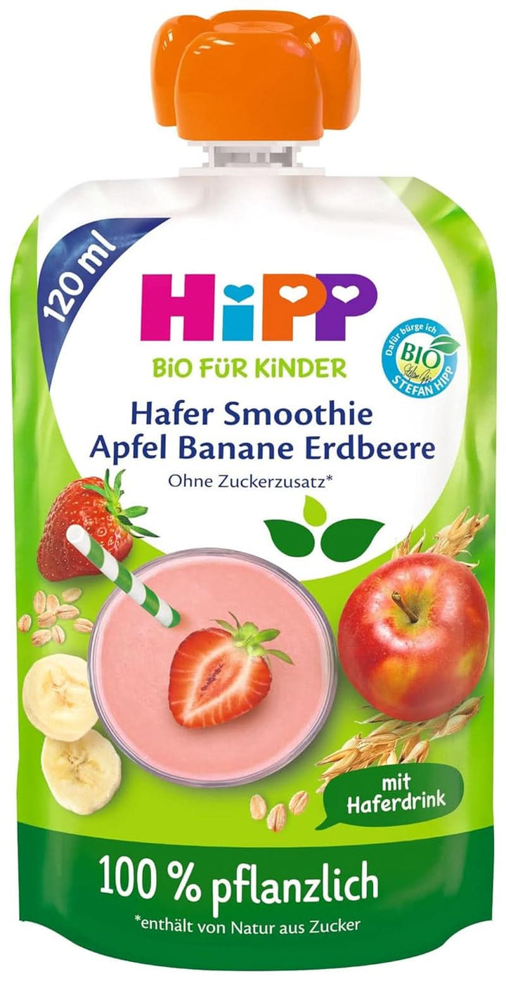 Hipp BIO Smoothie cu mere, piersici, banane cu băutură de ovăz, 120 ml, pachet de 6 (6 x 120 ml) Mama si Copilul Naty Shop 6 x 120 ml Banane, căpșuni