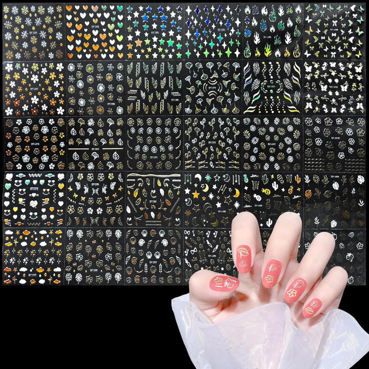 3D Nagelsticker Aurora 30 Blatt Gold Nail Art Sticker Selbstklebend Nagelaufkleber Holografisches Stern Herz Dekoration Nageldesign Zubehör
