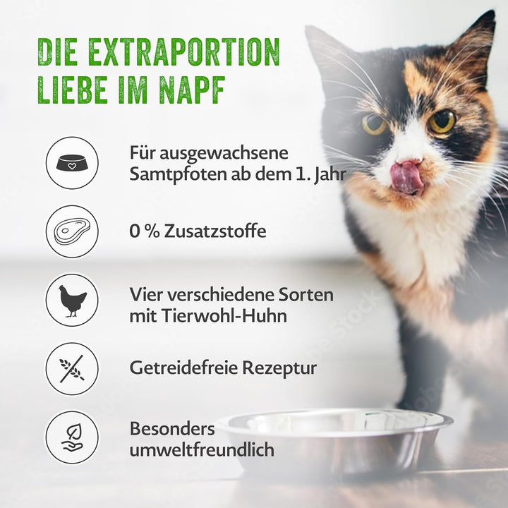 Mera Cats Adult Wet Food Multibox, pentru pisici adulte, fără cereale și sustenabilă, hrană pentru pisici cu conținut ridicat de carne din pui, vită, rață și somon, 12 X 85 G