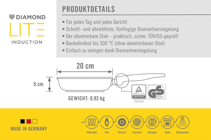 Woll Diamond Lite tigaie plată - Inducție -, Ø 20 Cm, 5 Cm înălțime, Cu mâner detașabil - Potrivit pentru toate tipurile de plită, Aluminiu turnat, Acoperire antiaderentă Oale si Tigai Naty Shop