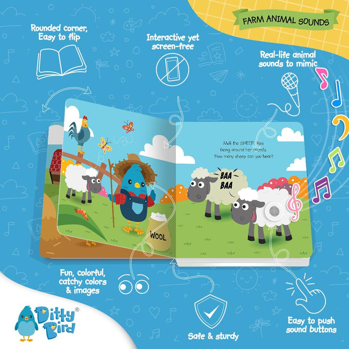 Ditty Bird animale de fermă: Carte sonoră interactivă cu sunete realiste de animale. Ideală pentru copii mici (1-3 ani). Cărți robuste, senzoriale pentru bebelușii iubitori de animale. Jucarii Bebe Naty Shop