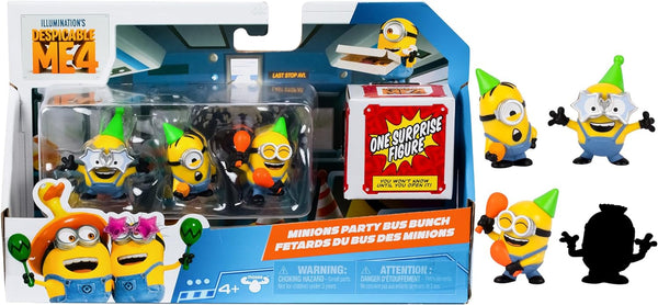 MINIONS I - Simply Incorrigible 4, pachet de 4 figurine Party Bus Troupe. Figurine de colecție înalte de 5,8 cm. Pachetul conține 3 figurine vizibile plus 1 figurină surpriză ascunsă Action figures Naty Shop Trupa de autobuze de petrecere