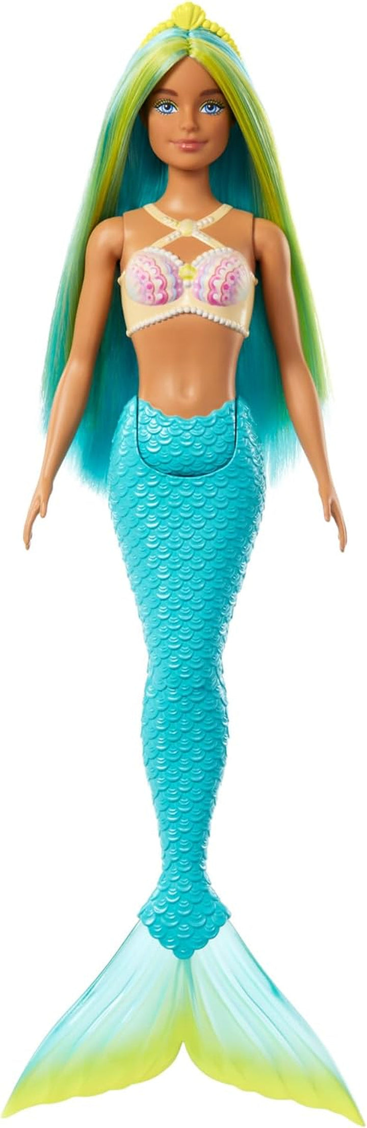 Păpușă sirenă Barbie cu păr fantezie în roz și lila cu bentiță, păpușă cu partea de sus din scoică și aripioară din coadă albastru lavanda, HRR06 Papusi Naty Shop Sirenă cu aripioară turcoaz