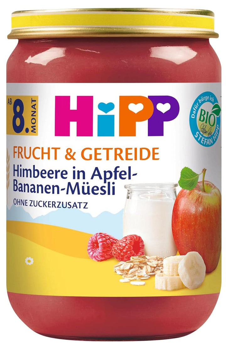 Hipp Pere-Banane cu biscuiți, pachet de 6 (6 X 190 grame) Mama si Copilul Naty Shop 190 grame Zmeură în muesli cu mere și banane