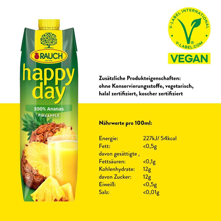Rauch Happy Day Ananas | Explozie de arome tropicale | Fabricat din 100% suc concentrat de ananas | 6 x 1 litru,Tetra Prisma Bauturi fara alcool Naty Shop
