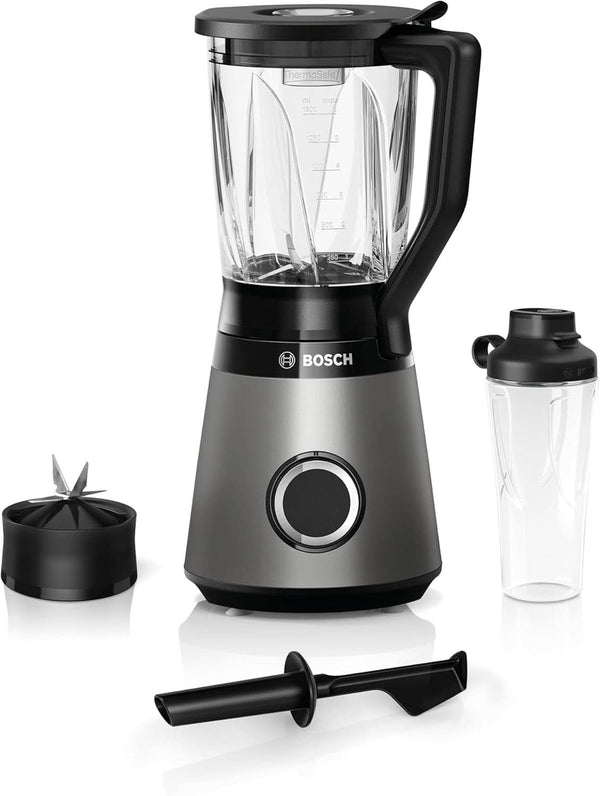 Bosch Standmixer Vitapower Serie 4 MMB6174SN, Verbesserte Version, Hochwertige Edelstahl-Klingen, 1,5L Glasbehälter, 0,6L To-Go-Flasche, Spülmaschinenfeste Teile, 30.000 U/Min, 1200 W, Silber Bucatarie Naty Shop Single 2-In-1 Standmixer
