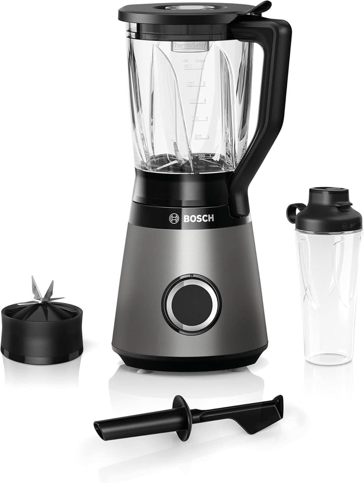 Bosch Standmixer Vitapower Serie 4 MMB6174SN, Verbesserte Version, Hochwertige Edelstahl-Klingen, 1,5L Glasbehälter, 0,6L To-Go-Flasche, Spülmaschinenfeste Teile, 30.000 U/Min, 1200 W, Silber Bucatarie Naty Shop Single 2-In-1 Standmixer