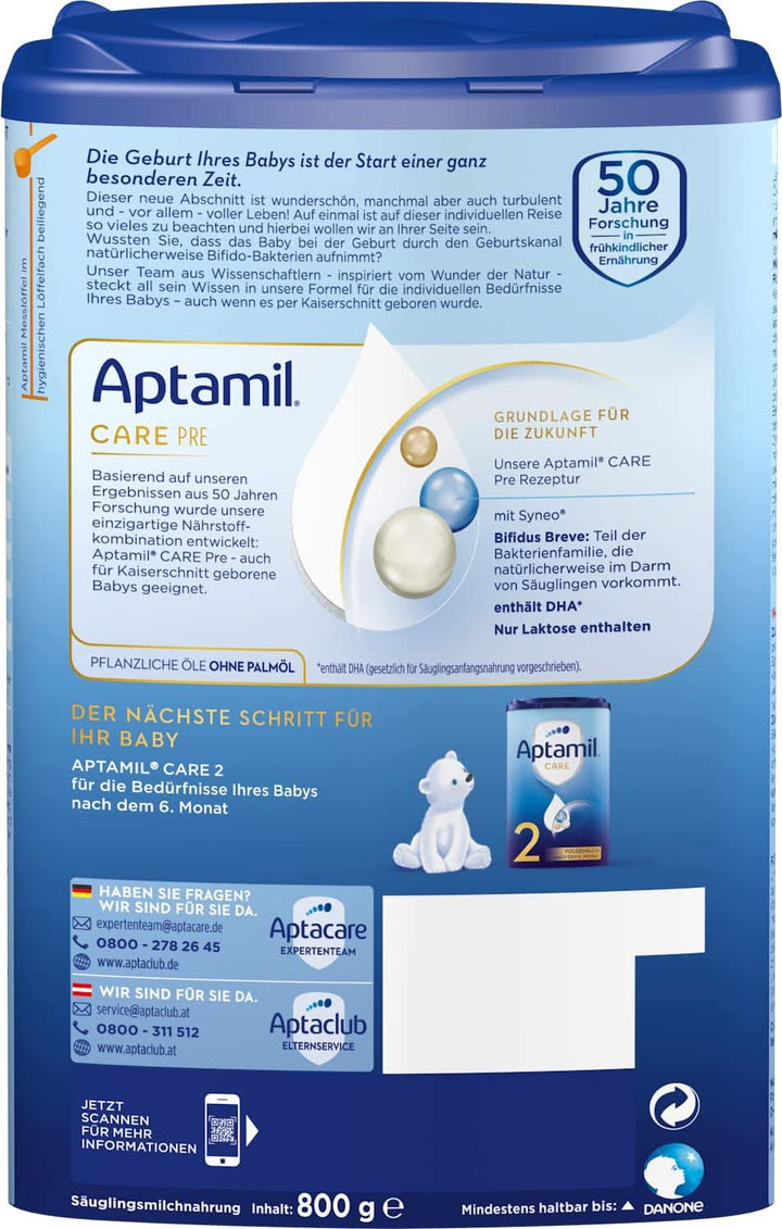 Aptamil Care PRE - Lapte inițial de la naștere, cu DHA, doar lactoză, fără ulei de palmier, mâncare pentru copii, lapte praf, 1x 800 g Mama si Copilul Naty Shop
