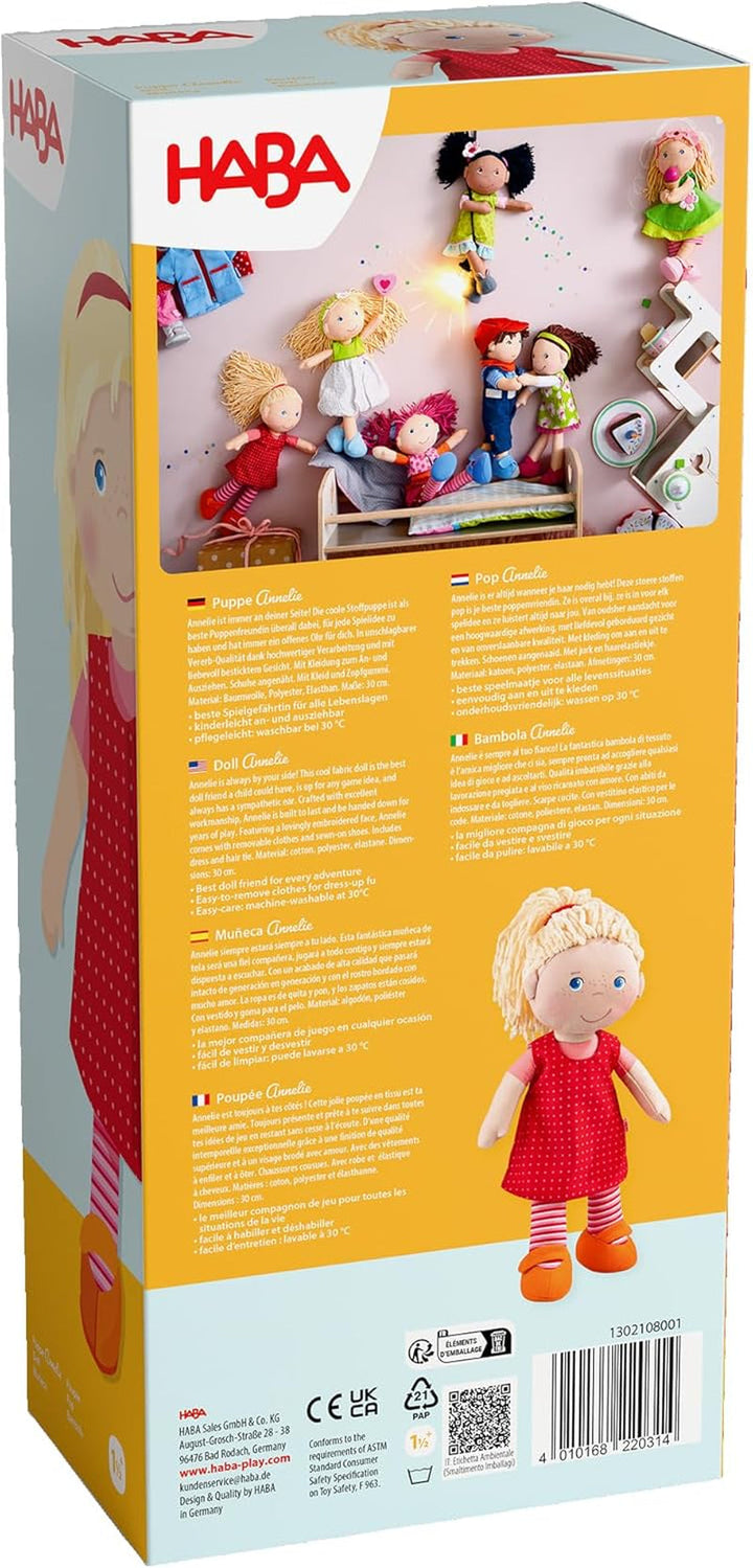 HABA 302108 - Păpușă Annelie, păpușă de cârpă cu haine și păr, 30 cm, jucărie de la 18 luni, roșu Papusi Naty Shop