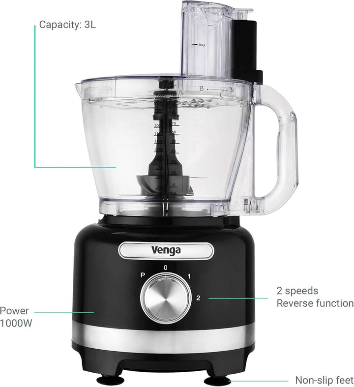 Venga! 8-In-1 Küchenmaschine, 3-L-Schüssel, 1,75-L-Mixbehälter, 2 Geschwindigkeitsstufen, Turbo-Funktion, 1000 W, Schwarz/ Silberfarben, VG HA 3001 Mama si Copilul Naty Shop