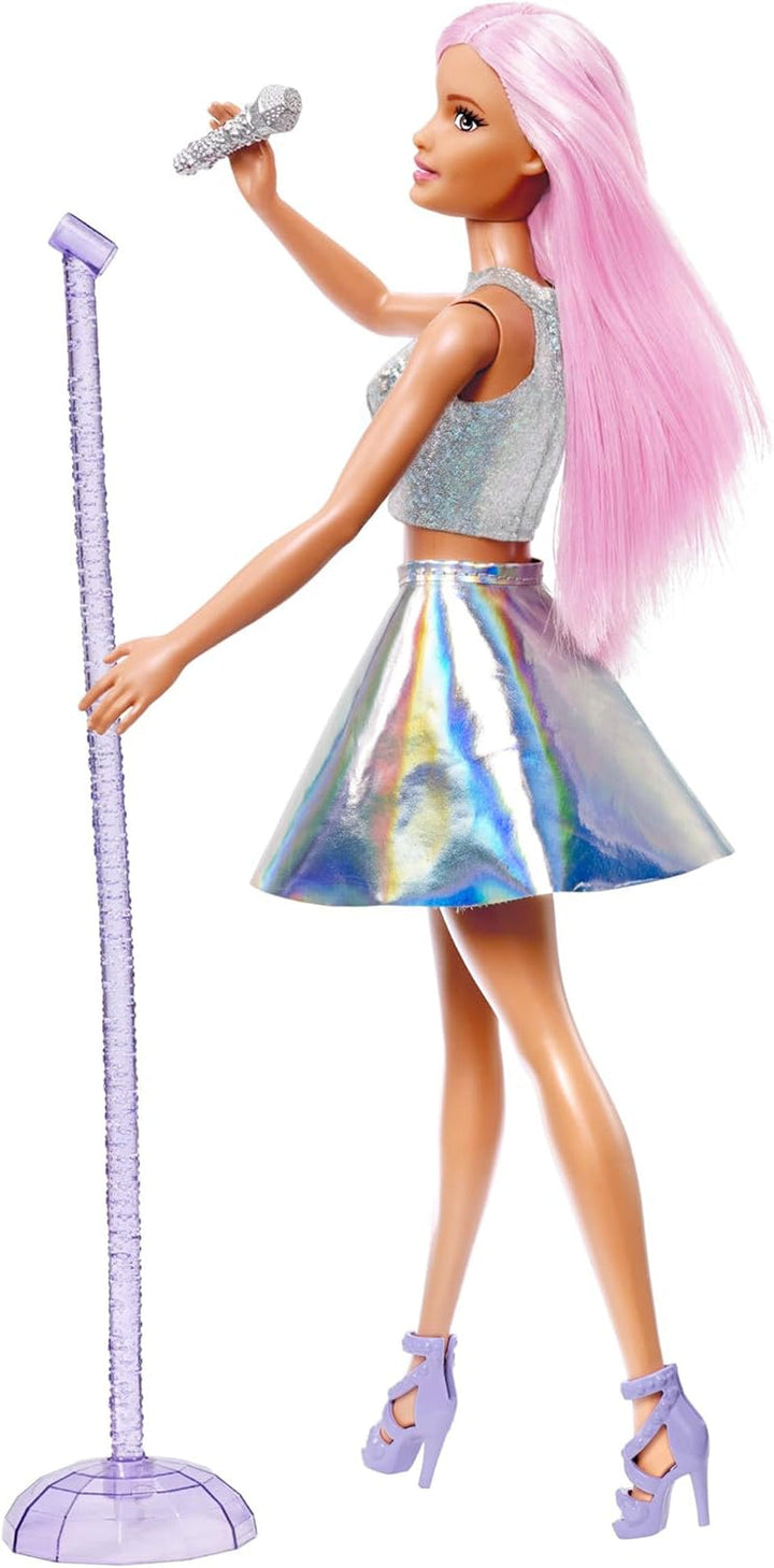Păpușa Barbie Pop Star îmbrăcată într-o fustă strălucitoare, cu microfon și păr roz, cadou pentru copii de la 3 la 7 ani, JCW42, Dazzling Papusi Naty Shop