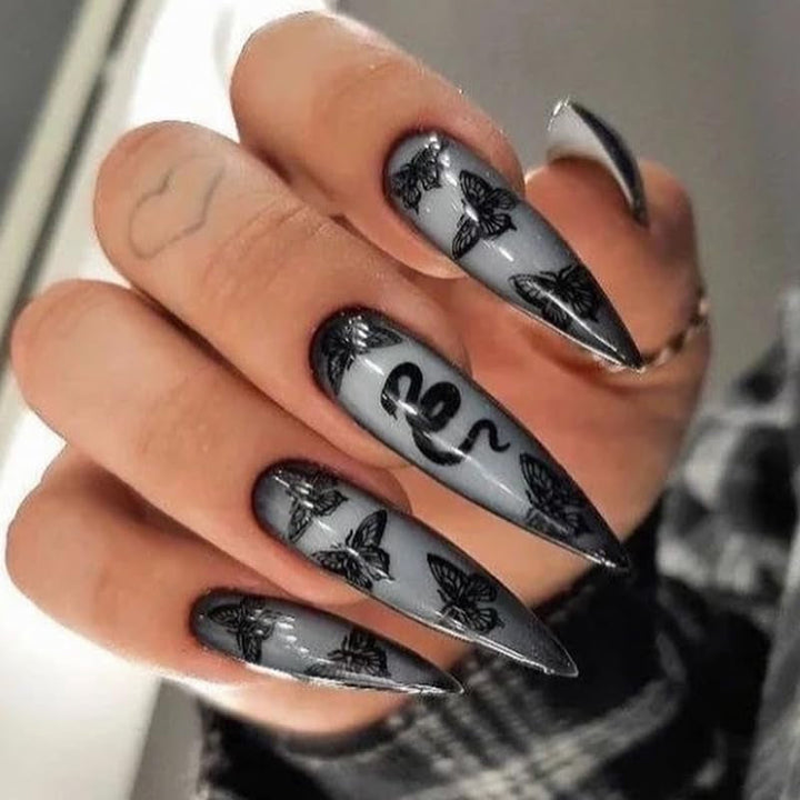 Mouyouglow Unghii lungi, Stiletto, alb lăptos, gradient roz, sclipici, cool, unghii false cu lipici, unghii artificiale roz Ombre sclipici