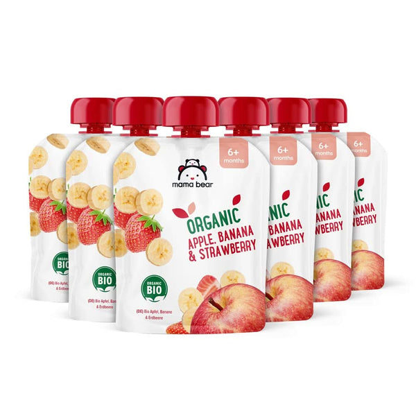 Mama Bear, piure organic diferite fructe, set 6 x 90 grame Mama si Copilul Naty Shop 6 x 90 grame Mere, banane și căpșuni