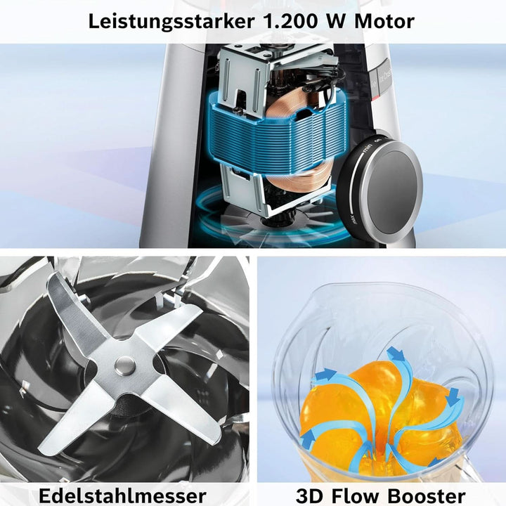 Bosch Standmixer Vitapower Serie 4 MMB6141B, Hochwertige Edelstahl-Klingen, 1,5L Tritan-Mixbehälter, Spülmaschinengeeignete Teile, 30.000 U/Min, 1200 W, Schwarz Bucatarie Naty Shop