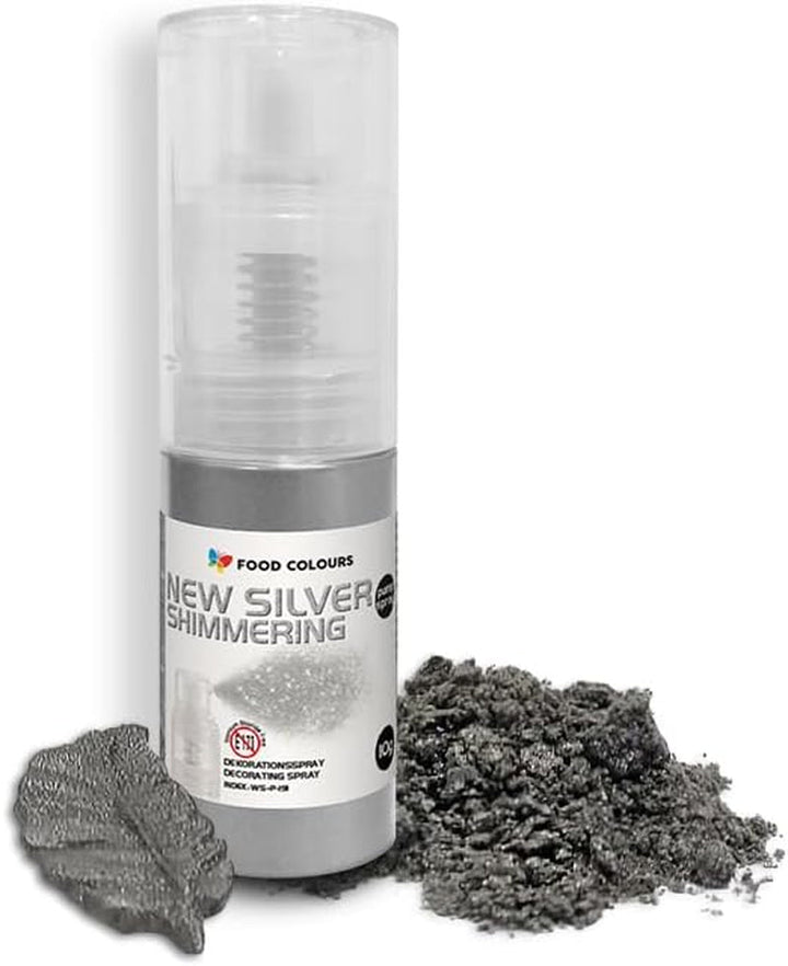 Essbares Glitzer Spray NEW SILVER 5G Lebensmittelfarbe in Einer Pumpe Lebensmittelfarbpulver Mit Metalleffekt Glitter-Farbstoff Dekoration Für Kuchen Cremes Zuckermassen Torten Getränke Coloranti Alimentari Naty Shop