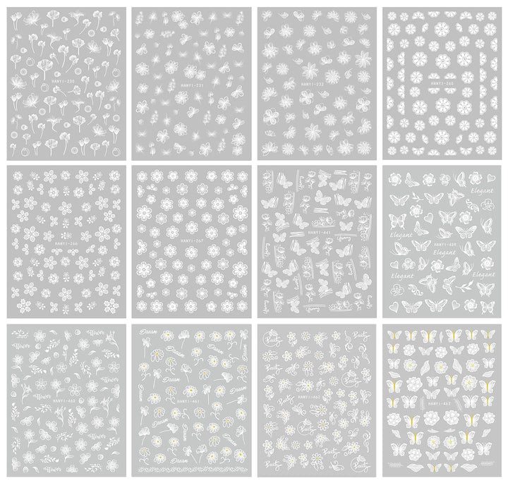 JMEOWIO Nagelsticker Frühlings Weiß Blume 12 Blatt Nail Art Sticker Selbstklebend Nagelaufkleber Sommer Schmetterling Blumen Blatt Dekoration Nageldesign Zubehör
