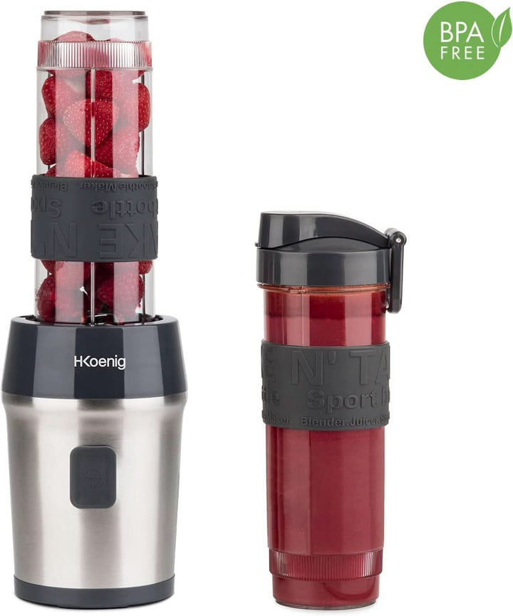 H.Koenig Smoothie Maker SMOO9 - Mini Standmixer - Mini Blender - 300 Watt - 570 Ml - Edelstahl - 2 Kunststofflaschen - Bpa-Frei, Grau Bucatarie Naty Shop