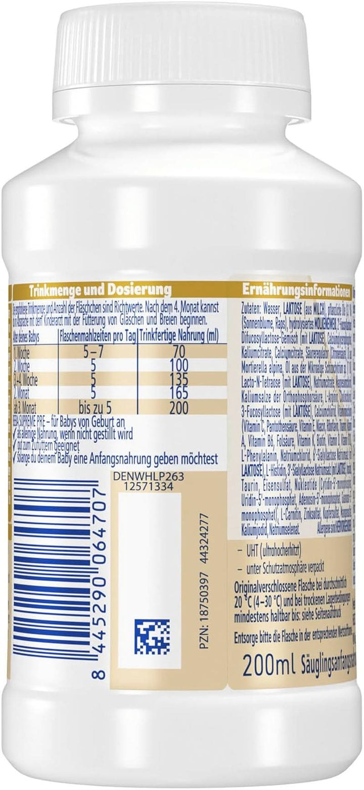 BEBA SUPREME PRE Lapte inițial gata de băut de la naștere, hrană pentru bebeluși cu DHA, doar lactoză, fără ulei de palmier, pachet de 8 (8 x 200 ml) Mama si Copilul Naty Shop