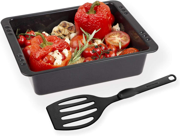 Chg SET 341-46-60 Extra Tiefe Ofenform (7,0 Cm) "Emaille" Mit Profi-Pfannenwender", Schwarz Gesprenkelt Matrite si tavi pentru copt Naty Shop