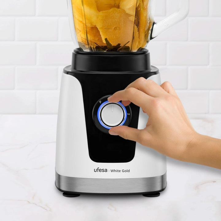 Ufesa White Gold Standmixer, 1500W Leistung, 1,5L Glaskrug, Geschwindigkeitsregler Mit Led-Licht, Ice Crusher, 6 Herausnehmbare Edelstahlklingen, 2 Geschwindigkeiten + TURBO Mama si Copilul Naty Shop