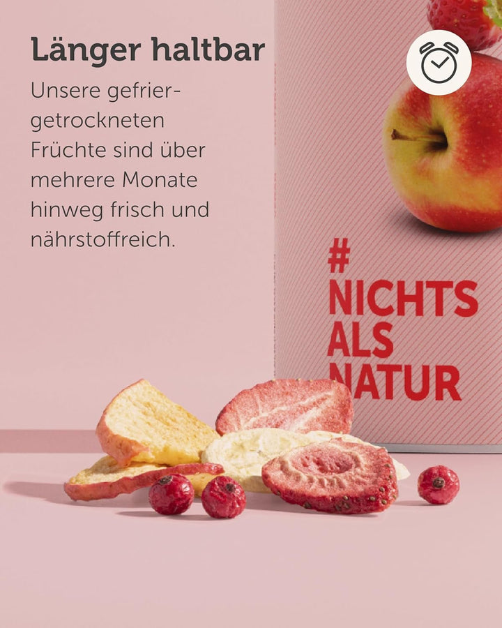 Mix de fructe liofilizate BUAH® | Căpșuni, banane, mere și coacăze liofilizate fără zahăr adăugat | 100% fructe | Vegan, fără gluten, fără lactoză (140g) Produse deshidratate Naty Shop