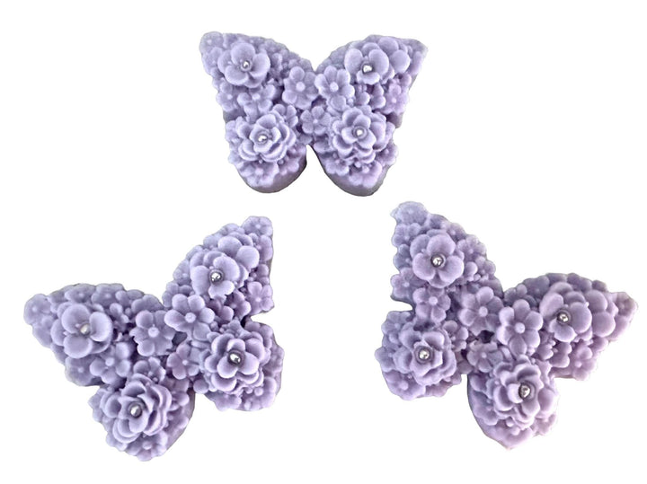 Set 3 decoratiuni comestibile din zahar, Fluturi mov lila Decoratiuni din Pasta de Zahar Nati Shop
