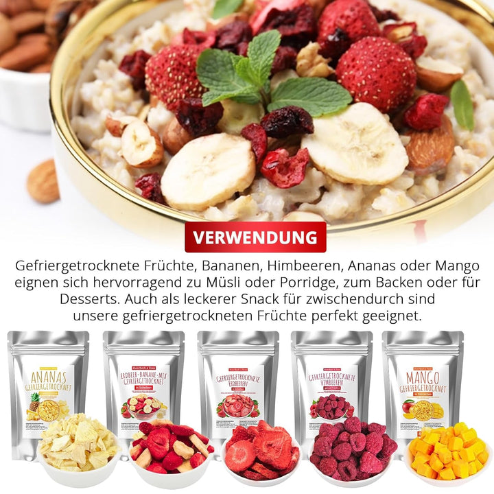 Set de degustare de fructe liofilizate 5x40g, căpșuni fructate liofilizate, zmeură, ananas, mango și amestec de căpșuni-banană, fără aditivi, fabricat în Germania Produse deshidratate Naty Shop